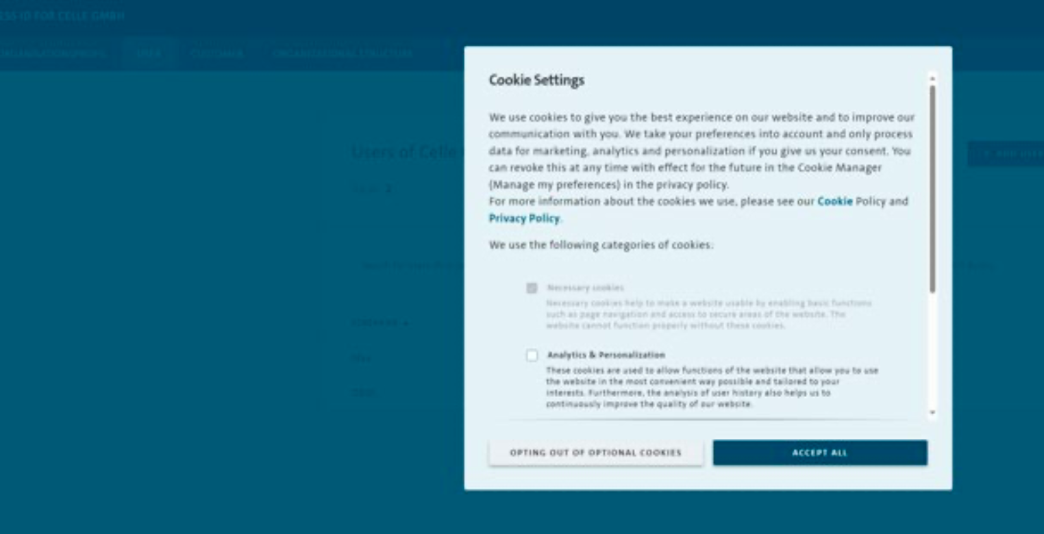 picture of the One Business ID cookie modal screen