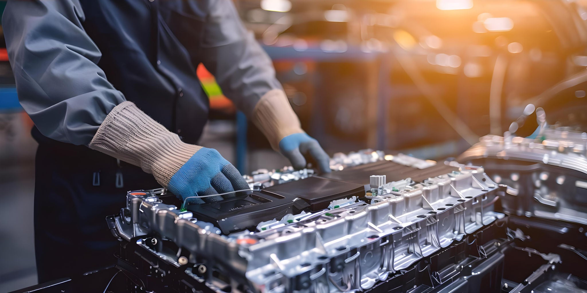 Inspecting Lithium-Ion EV Car Battery for Maintenance Technician in Gloves. Concept Maintenance Techniques, Lithium-Ion Batteries, Electric Vehicles, Safety Precautions, Protective Gear