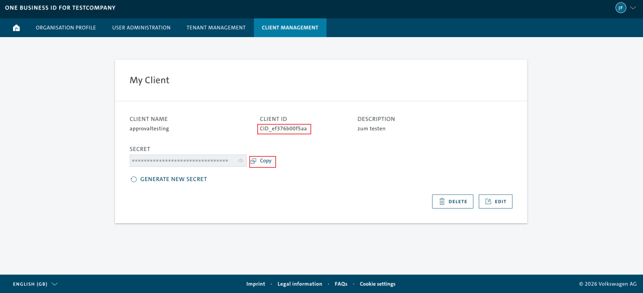 Client management tab with highlighted Client ID and Secret