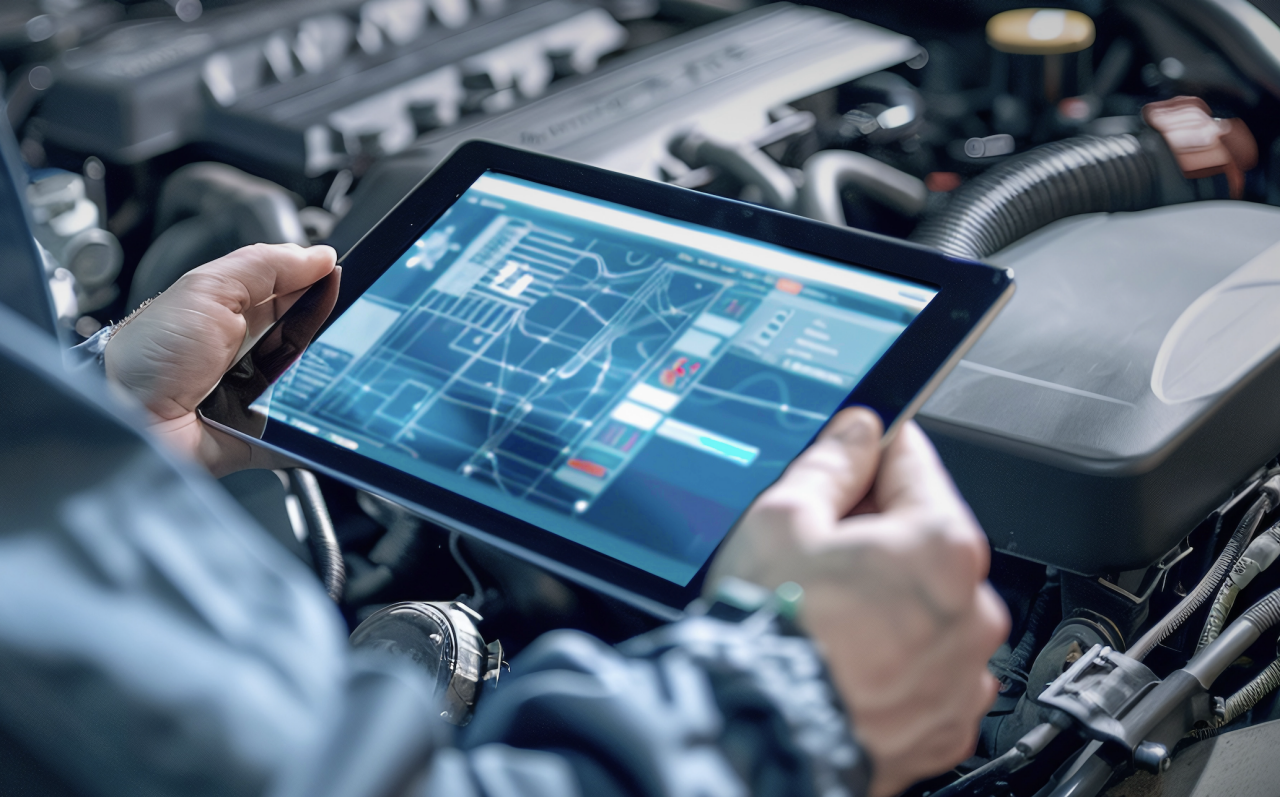 car shop with woman holding a tablet