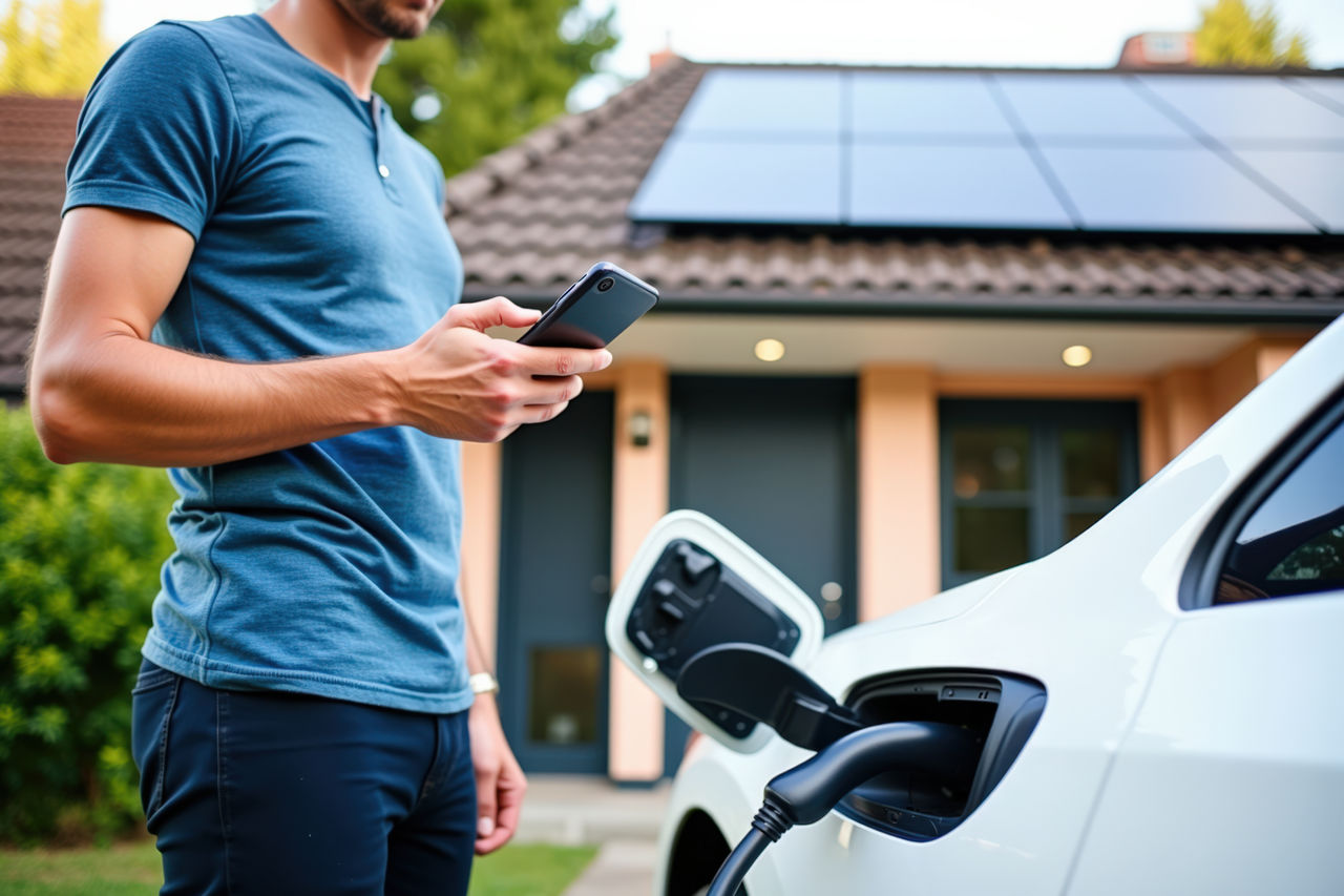 Person standing beside an electric vehicle being charged, holding a smartphone, with a house featuring solar panels in the background.