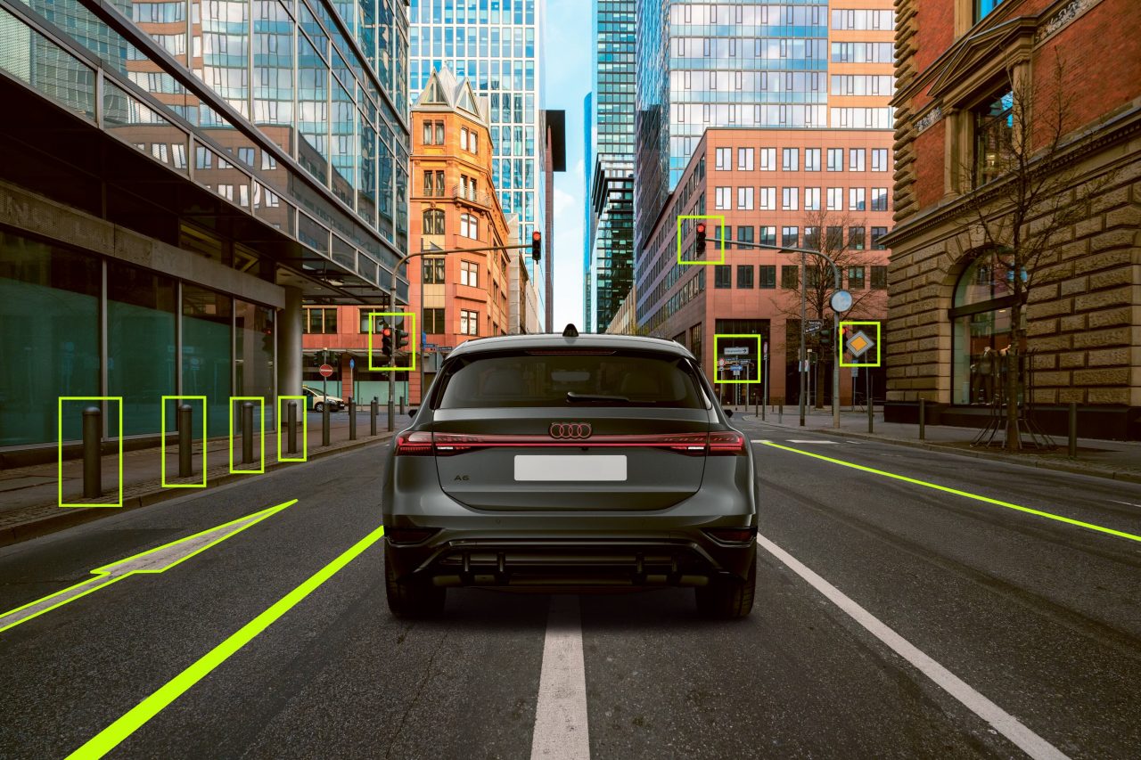 Car driving through highlighted road signs